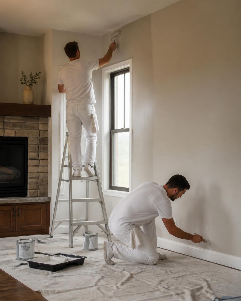 Professional painters applying interior paint in a Colorado home — drop cloths down, natural light through windows
